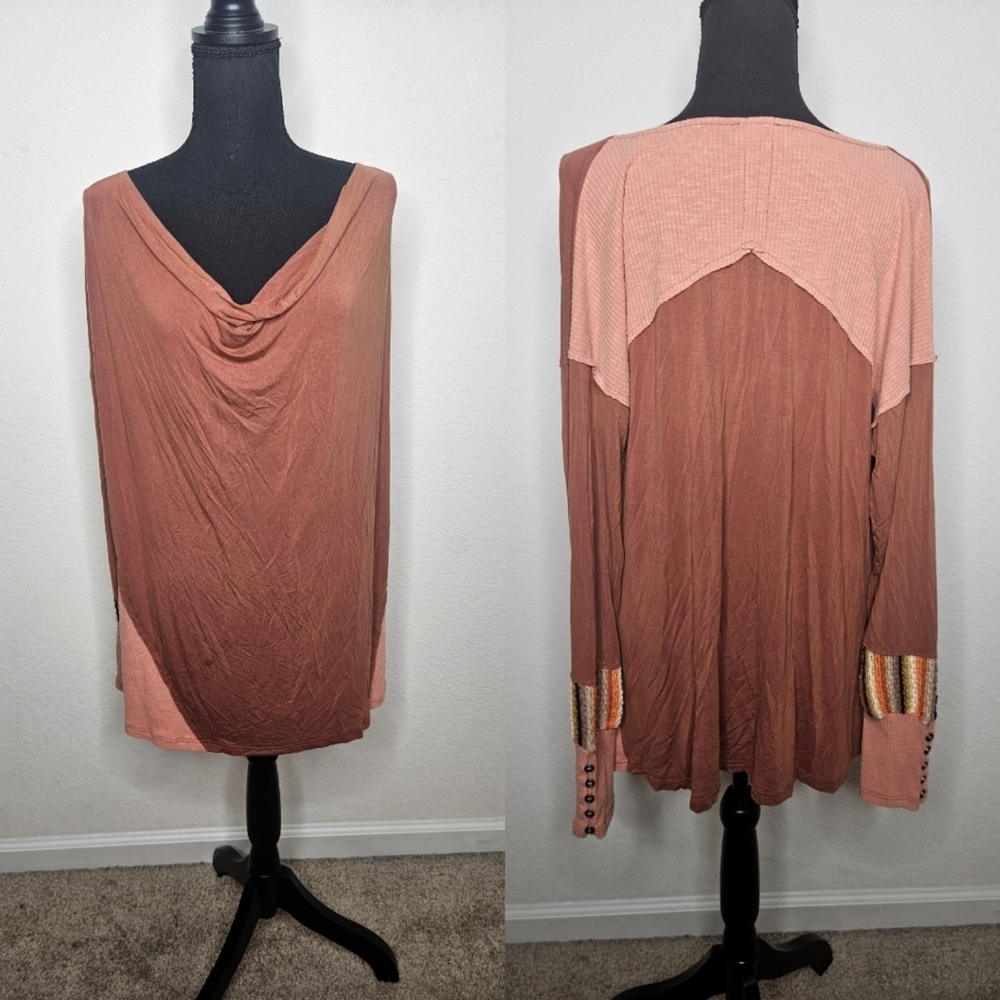 POL Slinky Cowl Neck Mixed Media Rust and Peach Long Sleeve Top w Striped Cuffs